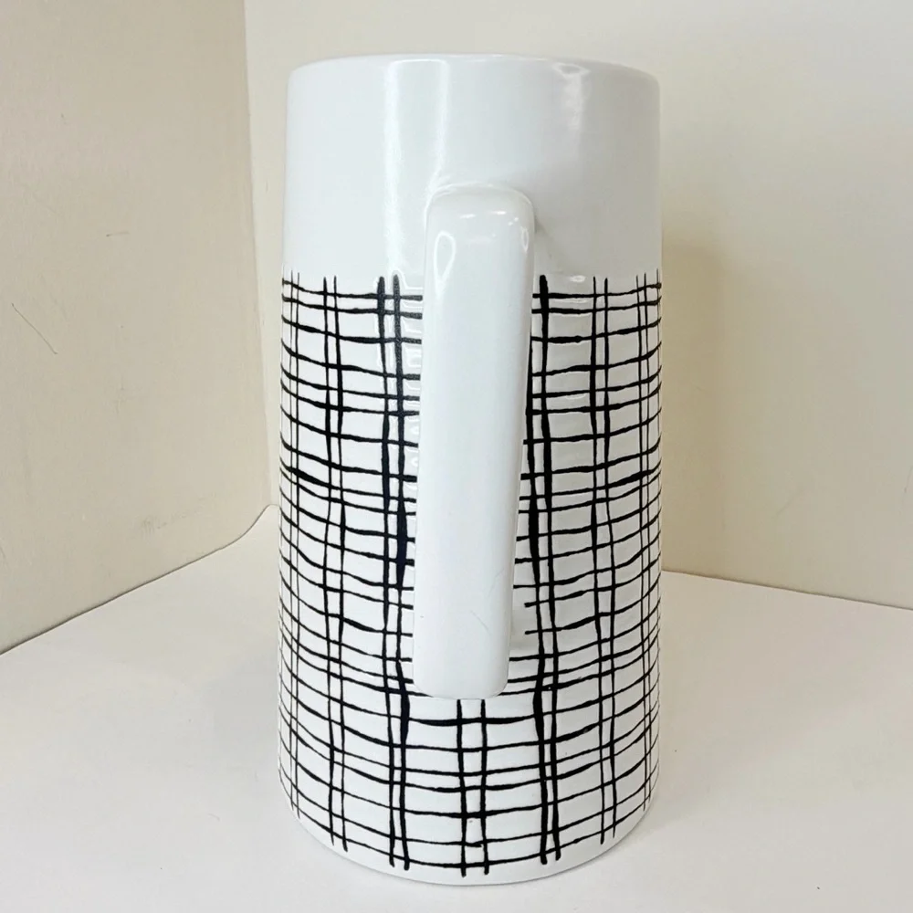 Pier 1 Imports Retired Ceramic Pitcher MCM Retro Off White Black Cross Hatch - Picture 3 of 10